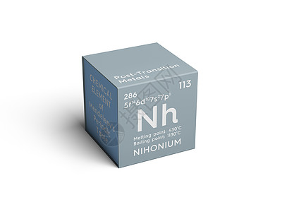 Nihonium 过渡后金属门捷列夫的化学元素符号化学品正方形立方体插图质量电子3d盒子研究图片