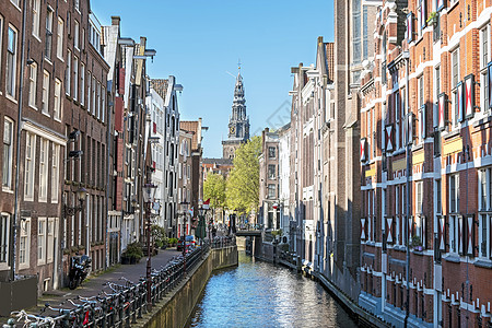 荷兰的阿姆斯特丹市风景 春季与荷兰一起纪念碑教会巷子建筑地标吸引力新教历史旅游历史性图片