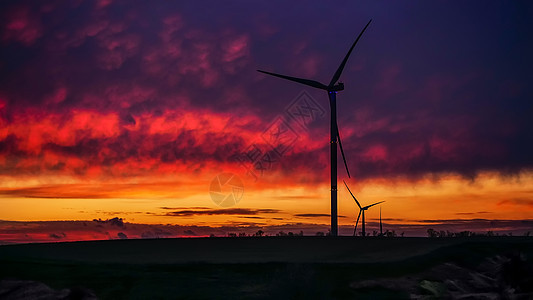 风力发电机三度起落日落图片