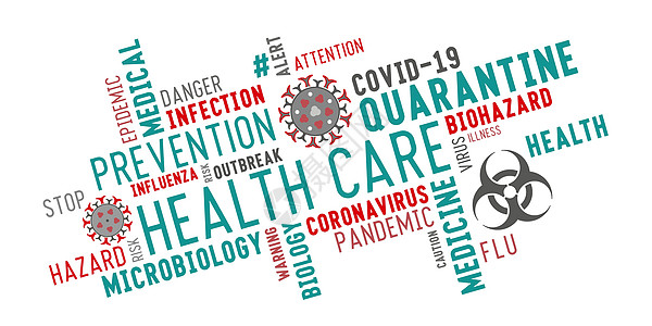 白色背景上的医疗保健词标签云排版警报关键词微生物流感拼贴画预防肺炎危害微生物学警告图片