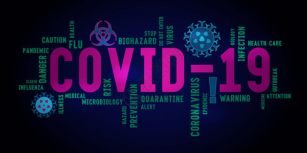 深色背景中的 Covid19 字标签云排版保健流感井号生物生物学感染预防拼贴画微生物肺炎图片