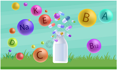 在抽象背景上模拟多种维生素药丸的插图蓝色按钮小样食物橙子饮食海报瓶子气泡营养图片