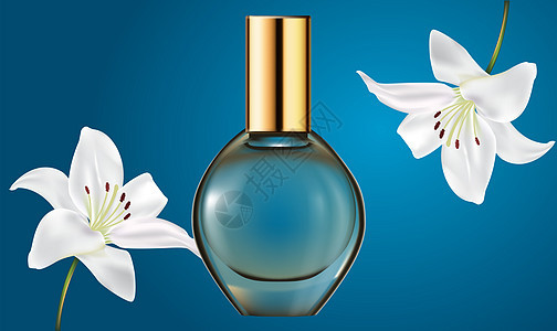 在抽象背景上从花提取物中模拟女性香水的插图植物群温泉香气兰花小样花瓣化妆品植物香味烧瓶图片