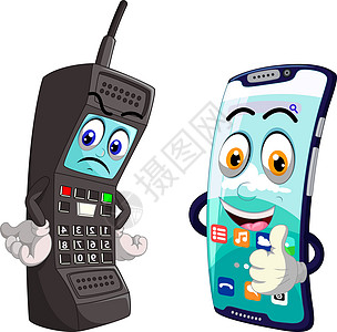 愤怒的旧黑色电话与新的现代蓝色智能手机卡通片图片