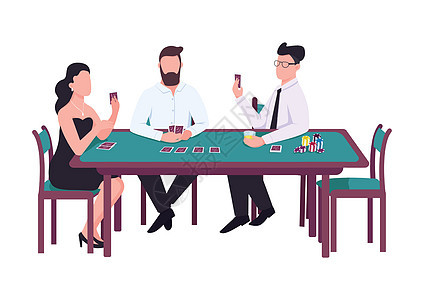 赌徒平面颜色矢量不露面的字符 女人看看卡片 男子控股甲板 有筹码堆的男性球员 与对手赌一把 三个人坐在赌场孤立的卡通它制作图案图片