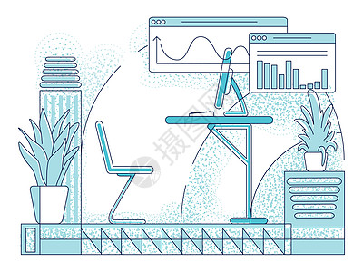 室内设计公司业务分析空办公室轮廓矢量图 白色背景下的当代分析师工作场所室内设计轮廓构图 简单风格绘图插画