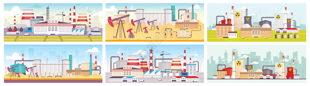 工业场地平面彩色矢量插图集 炼油厂 核电站和制造厂 2D 卡通风景 自然资源开采和开采设施图片