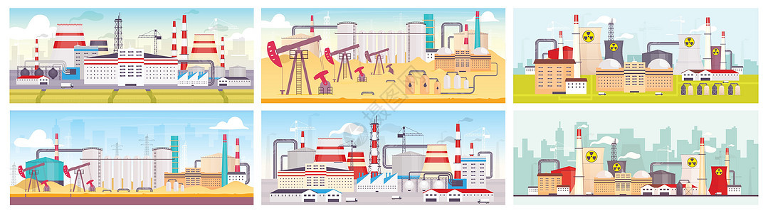 工业场地平面彩色矢量插图集 炼油厂 核电站和制造厂 2D 卡通风景 自然资源开采和开采设施背景图片