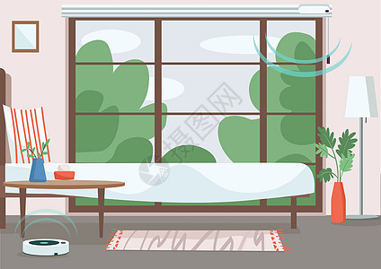 现代公寓平面彩色矢量图 带自动百叶窗和真空吸尘器的空房间 物联网技术 卧室 2D 卡通内饰与背景上的智能设备图片