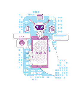 超级机器人细线概念矢量图 手持智能手机与个人助理应用程序 2D 卡通人物的网页设计 具有语音识别软件创意的聊天机器人图片
