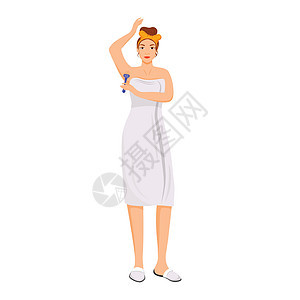 年轻女子在毛巾剃须腋窝平面颜色矢量不露面的字符 用于网页图形设计和动画的早晨卫生常规脱毛孤立卡通插图 女孩删除身体海图片