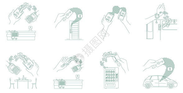 电子货币和钥匙卡细线概念矢量插图集 人们使用智能电子设备 2D 卡通人物进行网页设计  NFC 技术货币交易创意图片