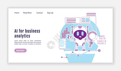 用于业务分析登陆页面平面轮廓矢量模板的 AI 自动互联网搜索机器人主页布局 带有卡通轮廓字符的一页网站界面 网页横幅网页图片