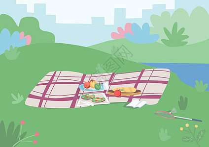 现场野餐平面彩色矢量图 毯子上有食物 可以在外面吃晚饭 草山上的休闲场所 公园 2D 卡通景观与城市景观和背景上的灌木丛图片