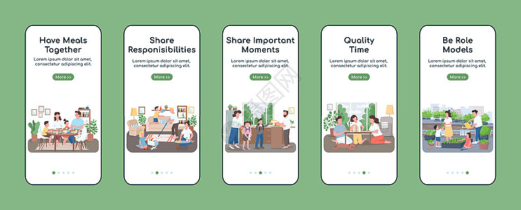家庭常规入职移动应用程序屏幕平面矢量模板 父母和孩子的活动 演练网站步骤与字符  UXUIGUI 智能手机卡通界面外壳印刷品系列图片