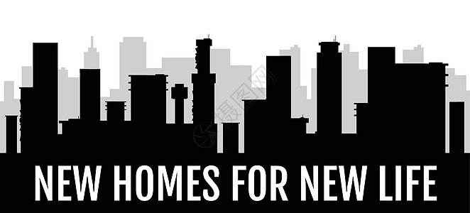 新生活的新家园黑色剪影横幅矢量模板 建筑公司水平海报单色设计 现代城市大都会天际线 2d 卡通形状与排版图片