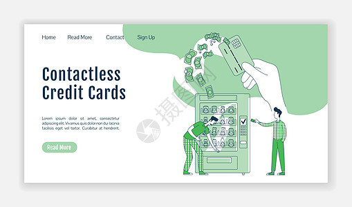非接触式信用卡登陆页面平面轮廓矢量模板  NFC 支付主页布局 支付卡一页网站界面与卡通轮廓字符 食物购买图片