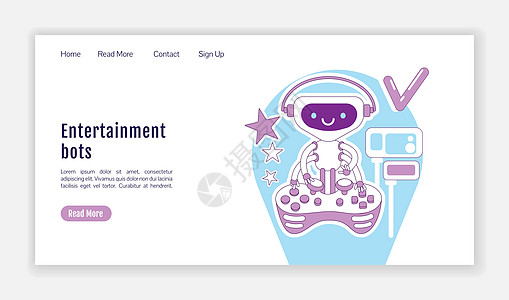 娱乐机器人登陆页面平面轮廓矢量模板 视频游戏 AI 软件主页布局 带有卡通轮廓字符的一页网站界面 网页横幅网页图片