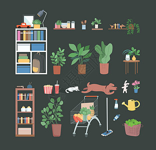 家用平面颜色矢量对象集 家庭宠物猫和狗 书架和玩具 家政清洁用品 绿色背景上的家具 2D 孤立卡通插图图片