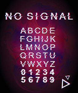 没有信号故障字体模板 复古未来派风格矢量字母表设置在紫色背景上 大写字母数字和符号 具有失真效果的连接错误字体设计图片