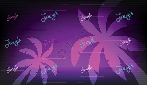 棕榈树复古未来派风格矢量背景 外来植物 标语牌上的审美丛林字 紫色霓虹灯背景 热带岛屿度假逆行艺术它制作图案图片