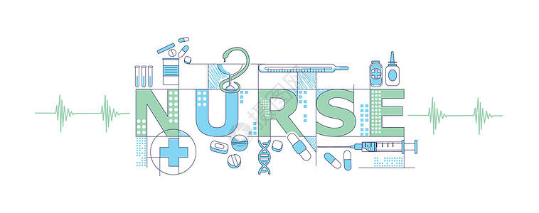 护士词概念词概念细线向量横幅 医学药理学保健 带有图标的独立排版 治疗和医疗注射器创意插图图片