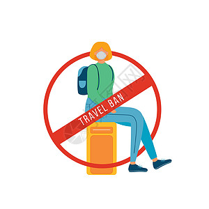 旅行禁令平面颜色矢量不露面的字符 女人坐在机场的行李上 禁止旅游 用于网页图形设计和动画的医用面具乘客隔离卡通插图图片