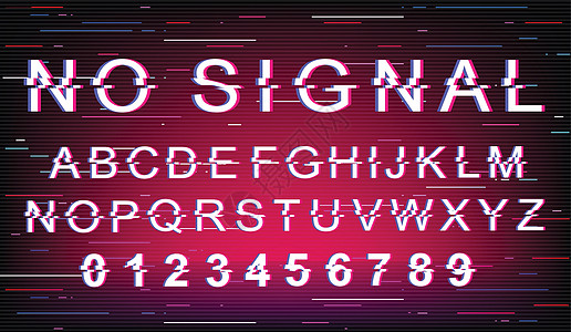 没有信号故障字体模板 复古未来派风格矢量字母表设置在粉红色的背景上 大写字母数字和符号 具有失真效果的电视错误字体设计图片