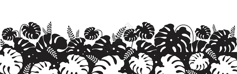 热带树叶黑色剪影矢量图 龟背竹叶 蔓藤装饰 野生灌木和灌木 异国情调的单色景观 亚热带树叶二维卡通形状图片