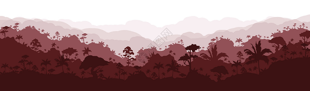 丛林平面彩色矢量插图 棕色森林风光 灰色全景树林 热带风景自然 潮湿的气候环境 雨林 2D 卡通景观与背景层图片