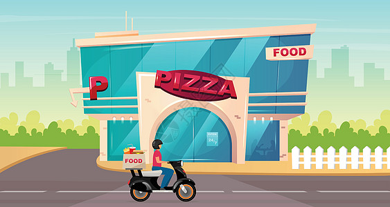 比萨饼放在街头平面彩色矢量图上 骑摩托车快餐送餐 人行道旁的咖啡馆外观 背景为玻璃城市建筑的现代二维卡通城市景观图片