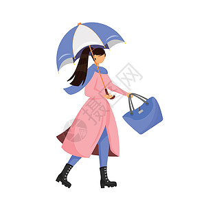 带雨伞平面颜色矢量不露面字符的女人 秋季的女性时尚 穿着雨衣和靴子的人 时尚休闲秋季服装 雨秋天天气孤立卡通它制作图案图片