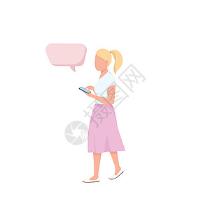 休闲装平面颜色矢量不露面的角色 女人拿着手机 青少年带着智能手机走路 用于网页图形设计和动画的语音气泡孤立卡通插图的人图片