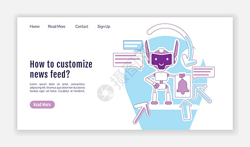 信息通知机器人登陆页面平面轮廓矢量模板 主页布局 新闻提要定制单页网站界面与卡通轮廓字符 网页横幅网页图片