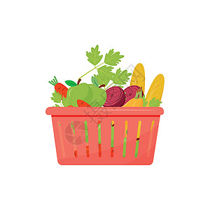 购物篮卡通矢量图中的产品 和蔬菜平面颜色对象 白色背景中分离的面包店和有机农产品面包和蔬菜图片