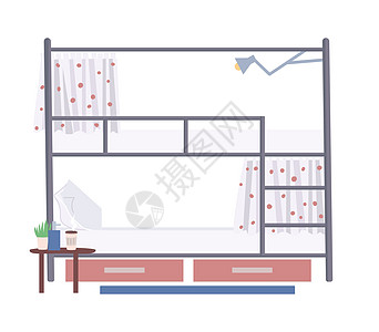 双层床卡通矢量图 卧室家具平面颜色对象 宿舍内部元素隔离在白色背景上 空荡荡的睡觉的地方 学生生活方式属性图片