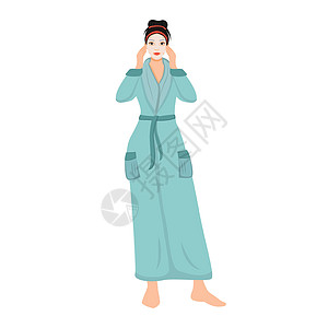 穿着浴袍的女人带着面罩平面颜色矢量不露面的角色 女孩保湿皮肤孤立的卡通插图 用于网页图形设计和动画 护肤SPA程序图片