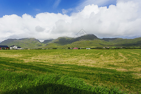 挪威Lofoten岛的草原 山地和村庄典型的扫描气候景观小屋天空旅行房子田园草地场景爬坡建筑旅游图片