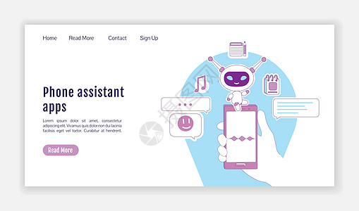 电话助理应用程序登陆页面平面轮廓矢量模板 具有语音识别主页布局的聊天机器人 带有卡通轮廓字符的一页网站界面 网页横幅网页图片