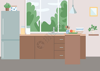 厨房平面彩色矢量图 住宅家具 冰箱靠近橱柜 柜台上的厨具用具 餐厅 2D 卡通内饰 背景上有窗户图片