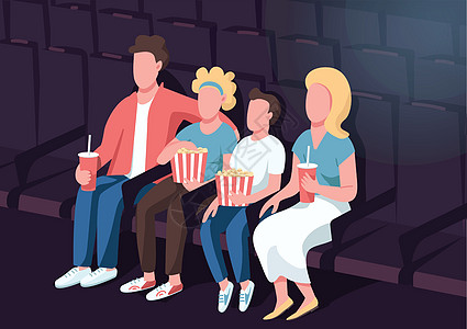 电影平面彩色矢量插图中的家庭 父母带着孩子看电影首映 适合十几岁孩子的娱乐 亲戚 2D 卡通人物与内部背景图片