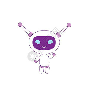 可爱的现代机器人紫色线性对象 未来派女性机器人挥舞着细线符号 白色背景上的人工智能技术玩具孤立轮廓图图片