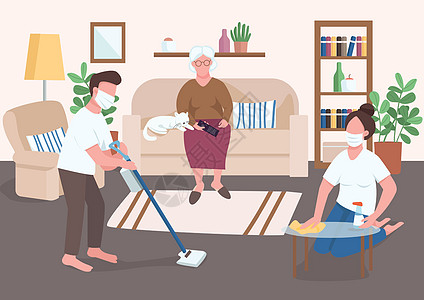 孙辈帮助年长者平面彩色矢量图解 戴医用面具的人帮助老年人做家务 表面病毒消毒 背景为内部的隔离二维卡通人物图片