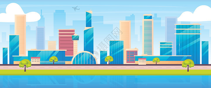 城市天际线平面彩色矢量插图 大都会 2D 卡通景观 背景是摩天大楼 现代城市建筑 商业中心住宅区市区全景图片