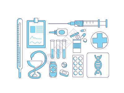 医学项目绿松石线性对象集 医疗工具和补救措施细线符号包 白色背景上的治疗和分配表温度计和注射器隔离轮廓图图片