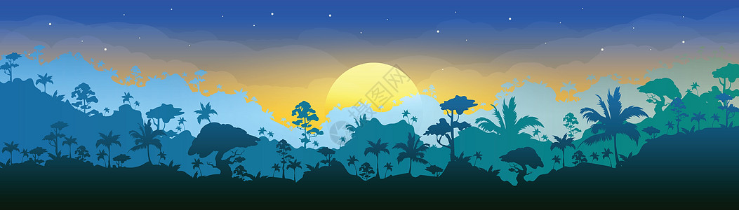 丛林平面彩色矢量插图 早晨的森林风光 黎明时的全景树林 太阳升起的热带风景自然 雨林 2D 卡通景观中的日出 背景层图片