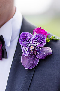 Boutonniere有自由西亚 紫兰花和粉红玫瑰配叶子 婚礼上的传统新郎帮凶图片