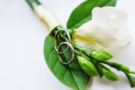 Boutonniere带着一对金婚戒指 躺在平滑的白色表面 婚礼上的传统新郎帮凶配饰扣眼树叶植物群婚姻植物花瓣胸花珠宝反射图片