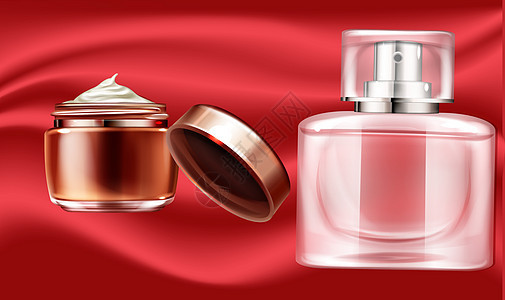 抽象背景上设置的女性香水和润肤露的模拟插图液体玻璃女士产品温泉品牌塑料小样卫生瓶子图片