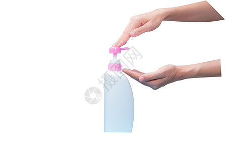 妇女用手按着白色孤立的泵化妆品瓶润肤清洁剂产品女士液体凝胶皮肤洗涤剂身体包装图片